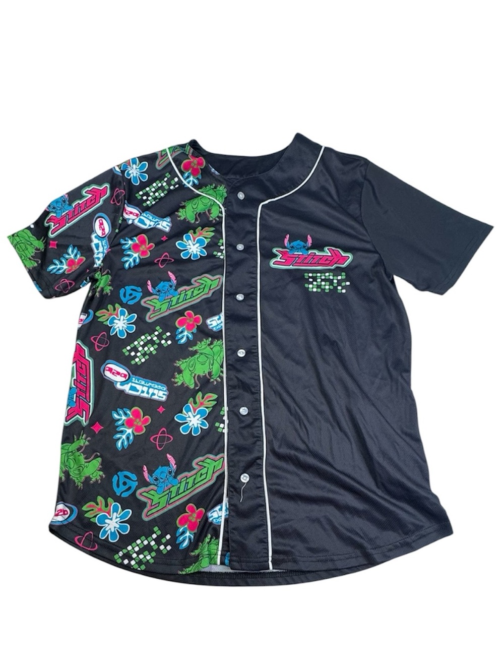 Disney Stitch Boys Baseball Jersey Shirt Medium Black Multicolor Button-Up Print